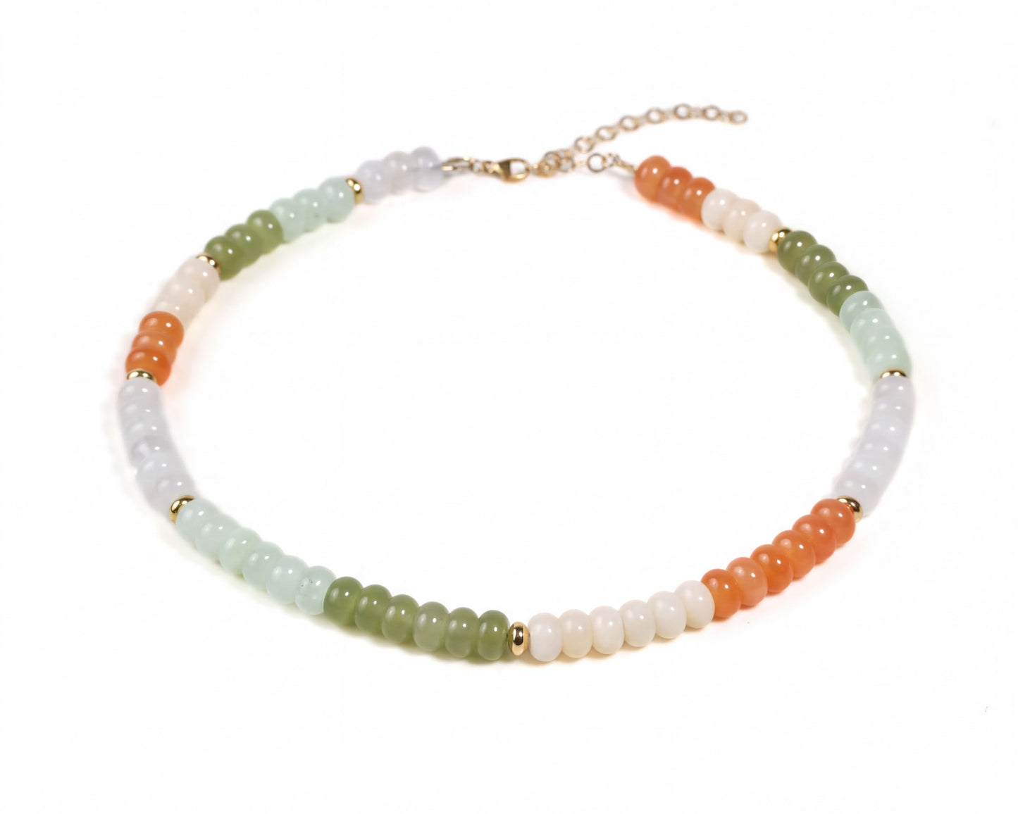 A colorful beaded necklace with a variety of colored beads arranged in a circular pattern.
