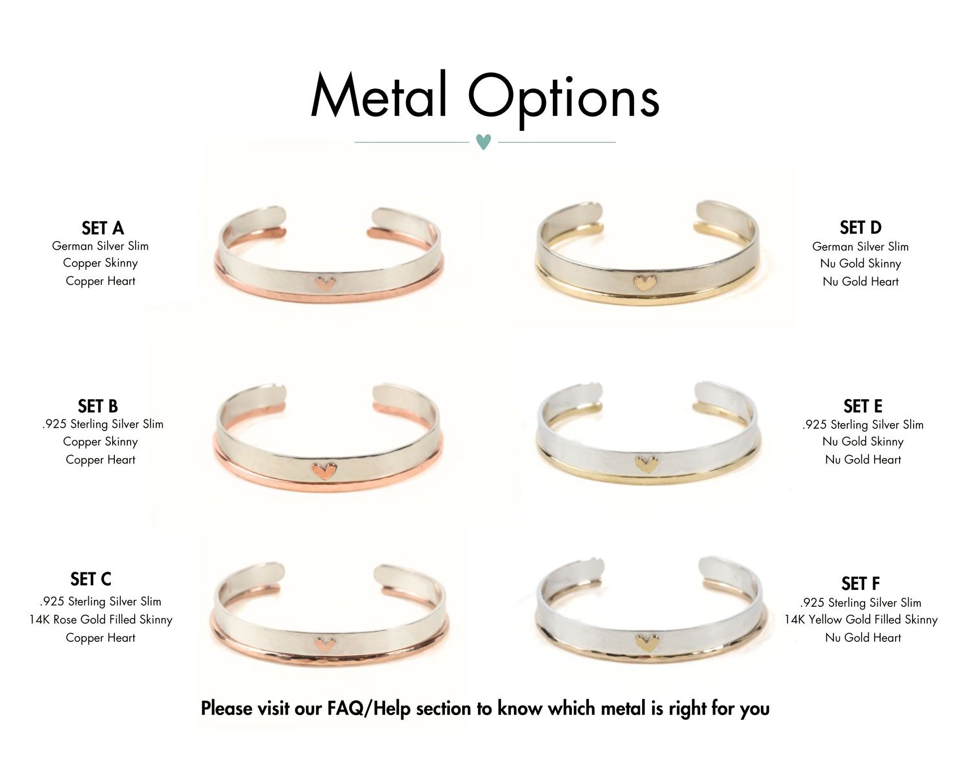 a variety of metal options for bracelets, including German Silver Slim, Copper Heart, and Gold Filled Skinny bracelets. The options are set A, Set B, Set C, Set D, Set E, and Set F, each featuring different types of metal and designs. The image provides a visual guide for customers to choose the right metal option based on their preferences.
