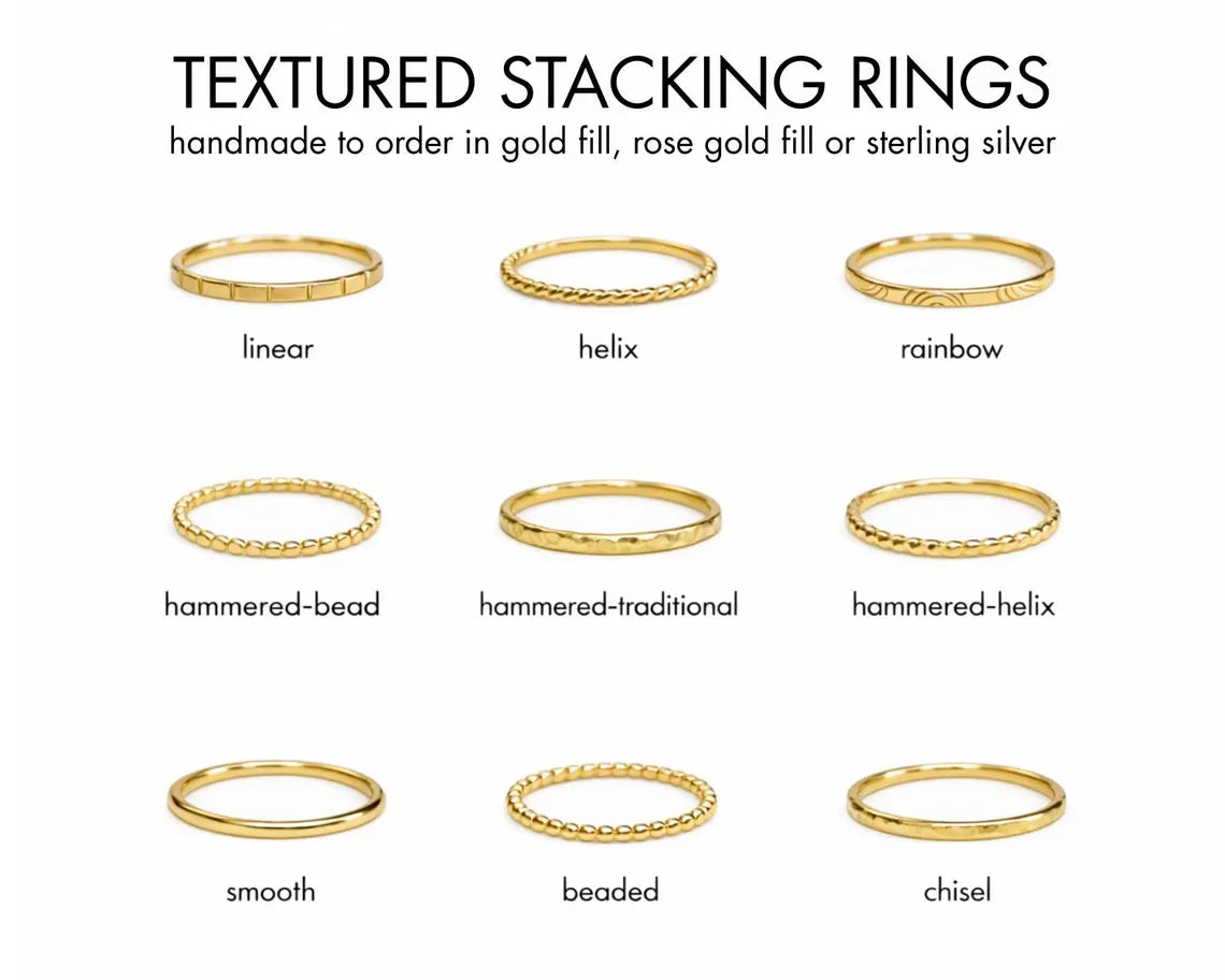 nine different types of textured stacking rings, each with a unique design and shape, including linear, helix, rainbow, hammer-beaded, hammer-traditional, hammer-helix, smooth, beaded, and chisel.