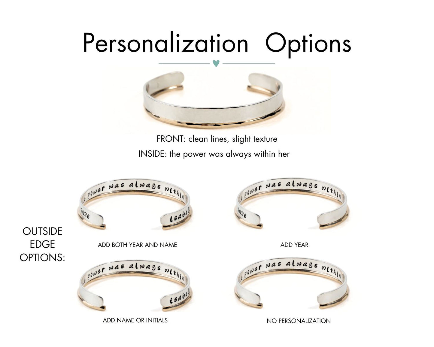 a variety of personalized bracelet options, each with different text engraved on the bracelet. The options include adding both year and name, adding year, adding name or initials, and no personalization.