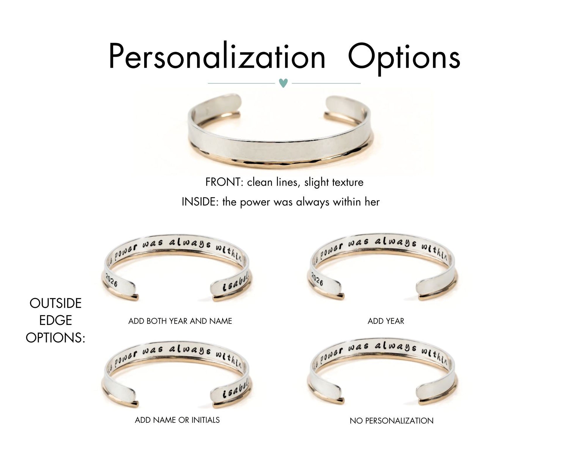 a variety of personalized bracelet options, each with different text engraved on the bracelet. The options include adding both year and name, adding year, adding name or initials, and no personalization.