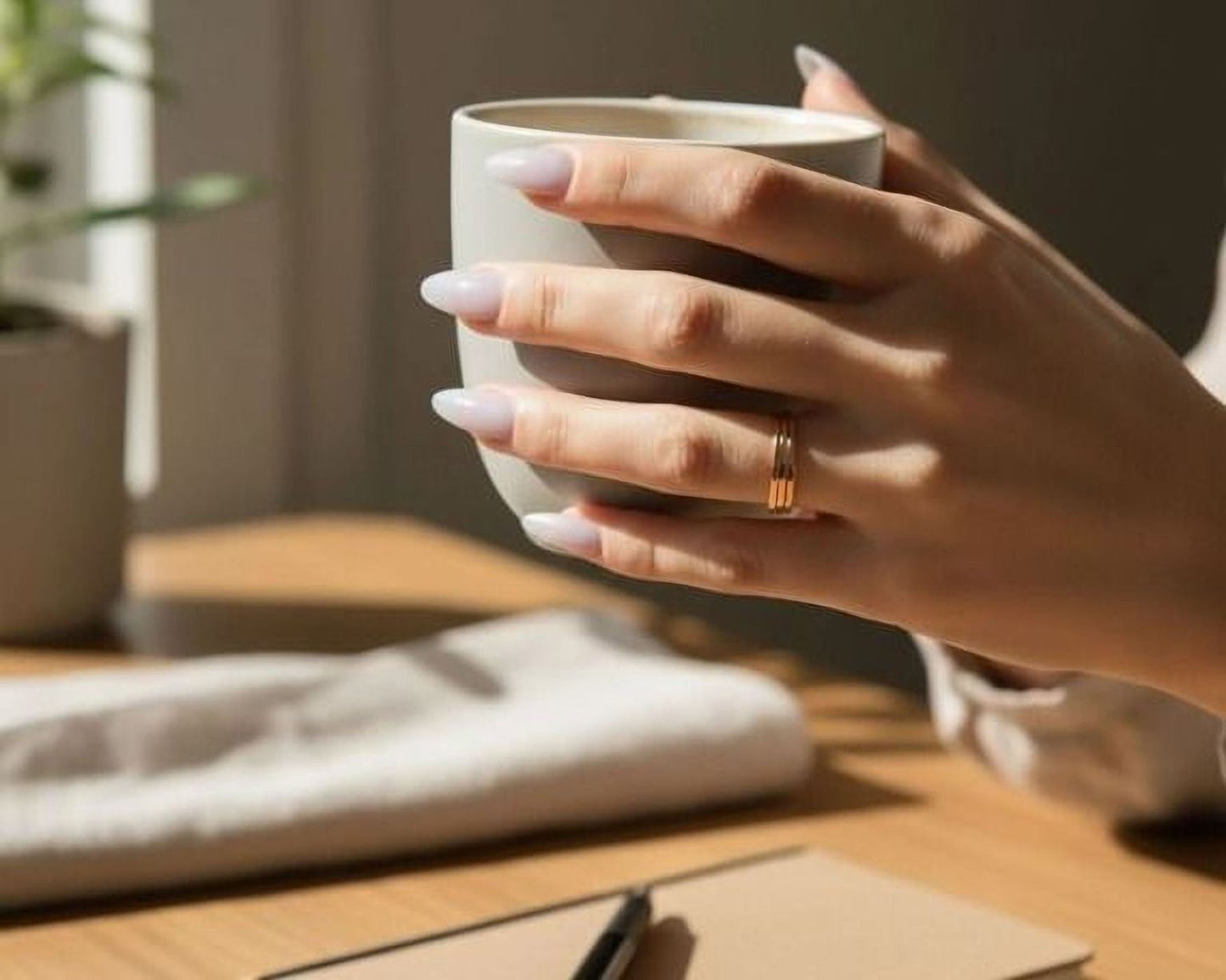 A person's hand holding a white mug, with a notebook and pen on a wooden table in the background.