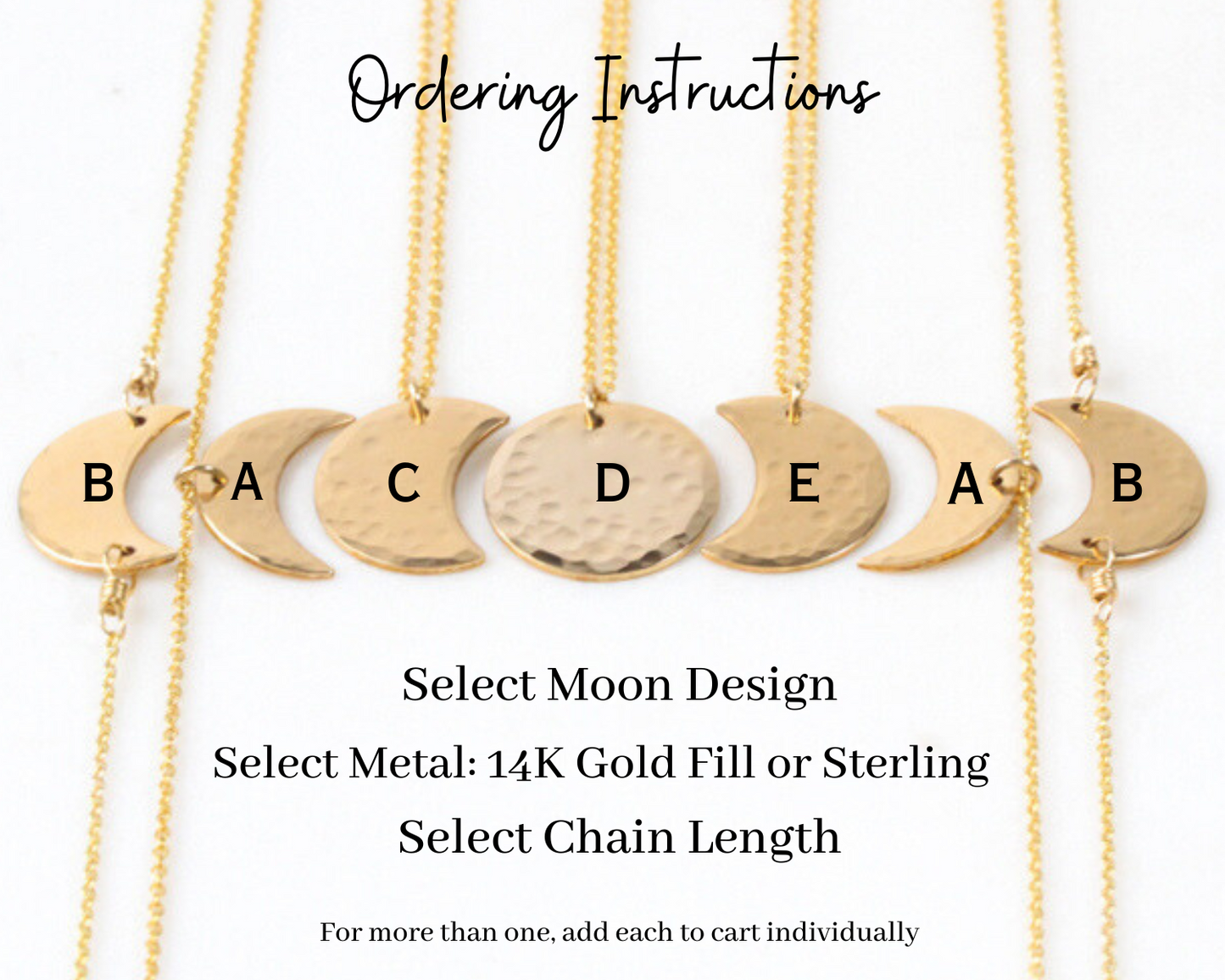 Images shows all seven styles offered in the series. Representing the phases of the moon, these make excellent bridesmaid and wedding party gifts. Offered in sterling silver or yellow gold, you select the moon design, the metal and the chain length.
