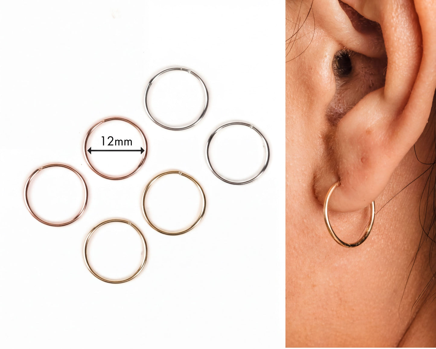 a close-up of a person's ear with a selection of hoop earrings displayed next to it.