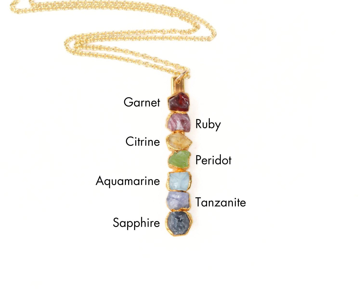 A necklace with a pendant that displays the names of the seven gemstones in a vertical line, each representing a different color.