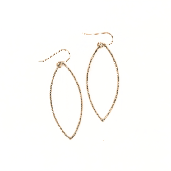 A pair of gold-colored earrings with a twisted, oval-shaped design.