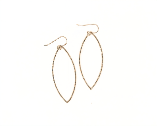 A pair of gold-colored earrings with a twisted, oval-shaped design.