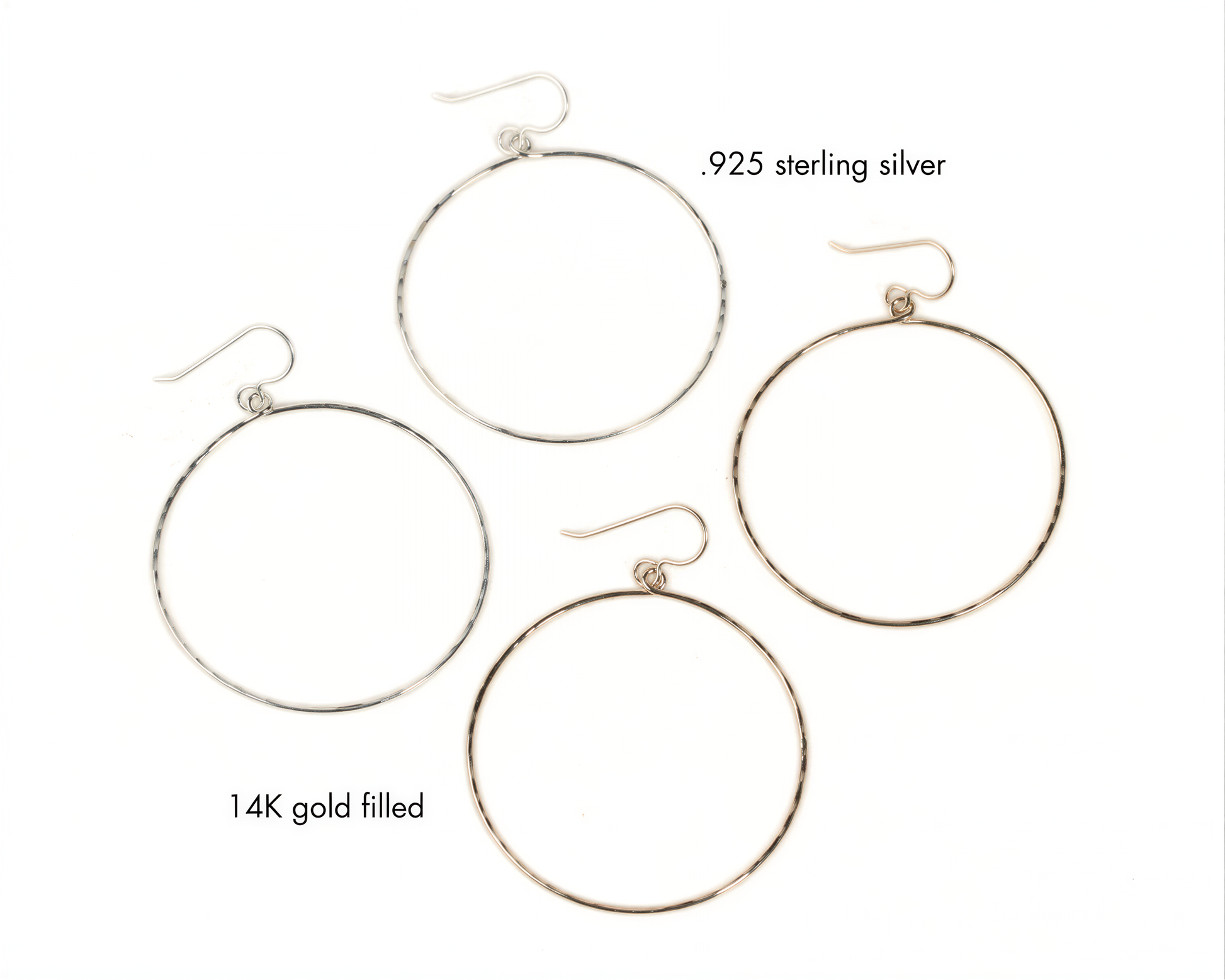 four pairs of hoop earrings, each with a different filling material and size. The earrings are made of sterling silver, 14K gold, and 14K gold filled.