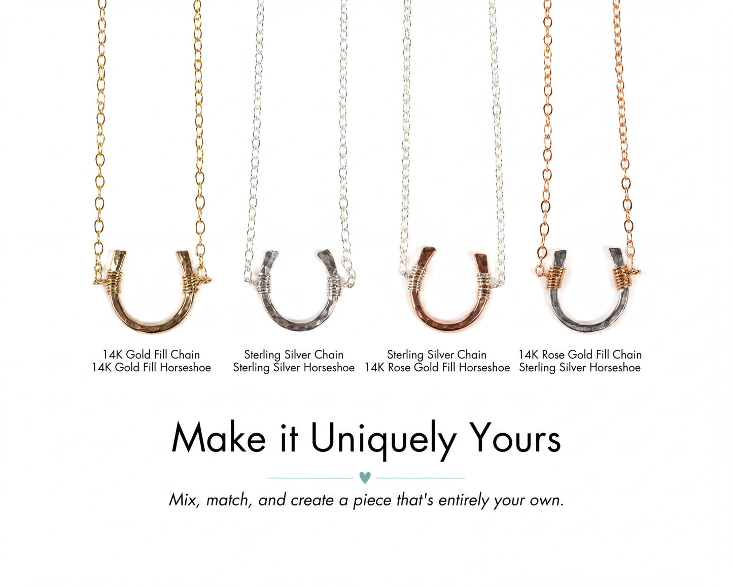 four different types of 14k gold fill horseshoes, each with a unique design and color, arranged in a row.