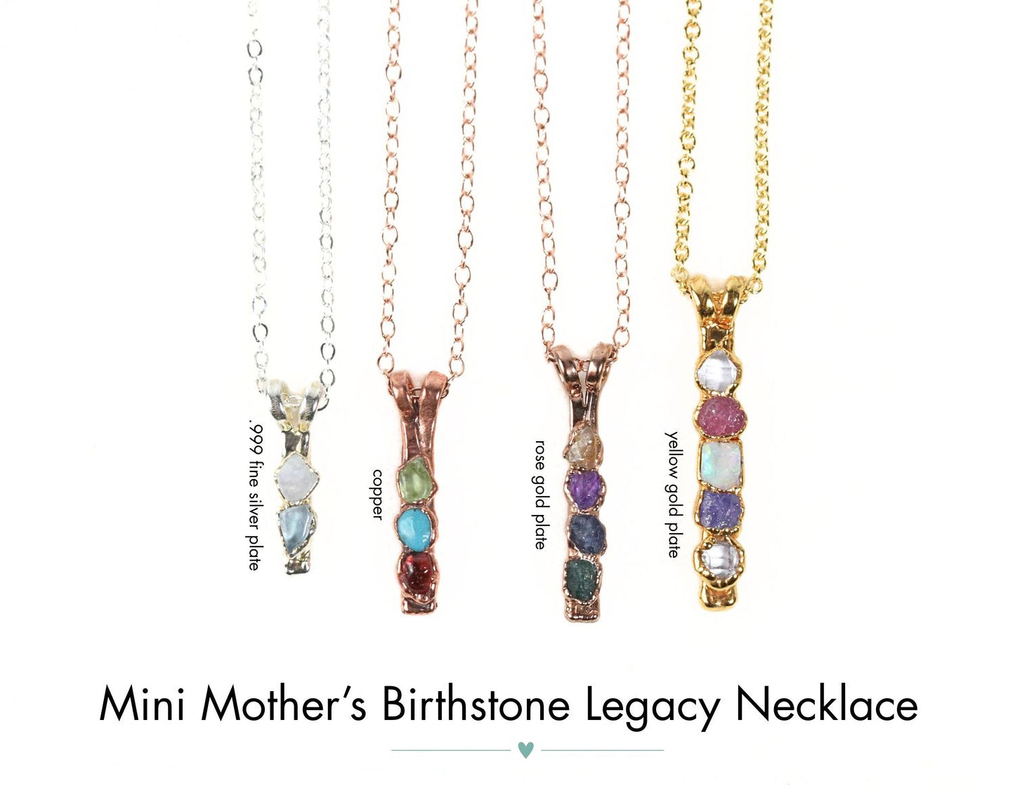 a collection of five necklaces, each with a unique design and color combination, arranged in a row. The necklaces feature various gemstones and materials, such as silver, copper, gold, and rose gold. The necklaces are labeled with their names, indicating the specific design and color of each piece. The image is a collage of individual images, and the text at the bottom of the image reads "Mini Mother's Birthstone Legacy Necklace".