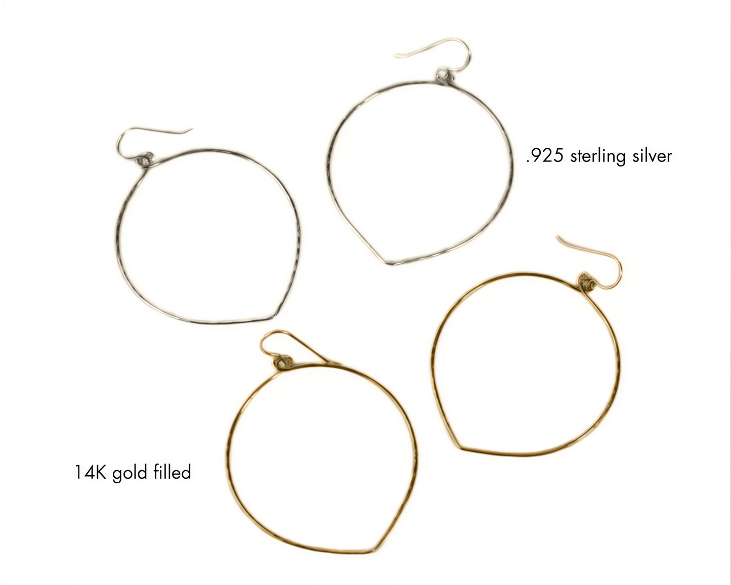 four different styles of hoop earrings, each with a unique design and color. The earrings are made of gold-filled and sterling silver materials, and they are arranged in a grid-like pattern against a white background.
