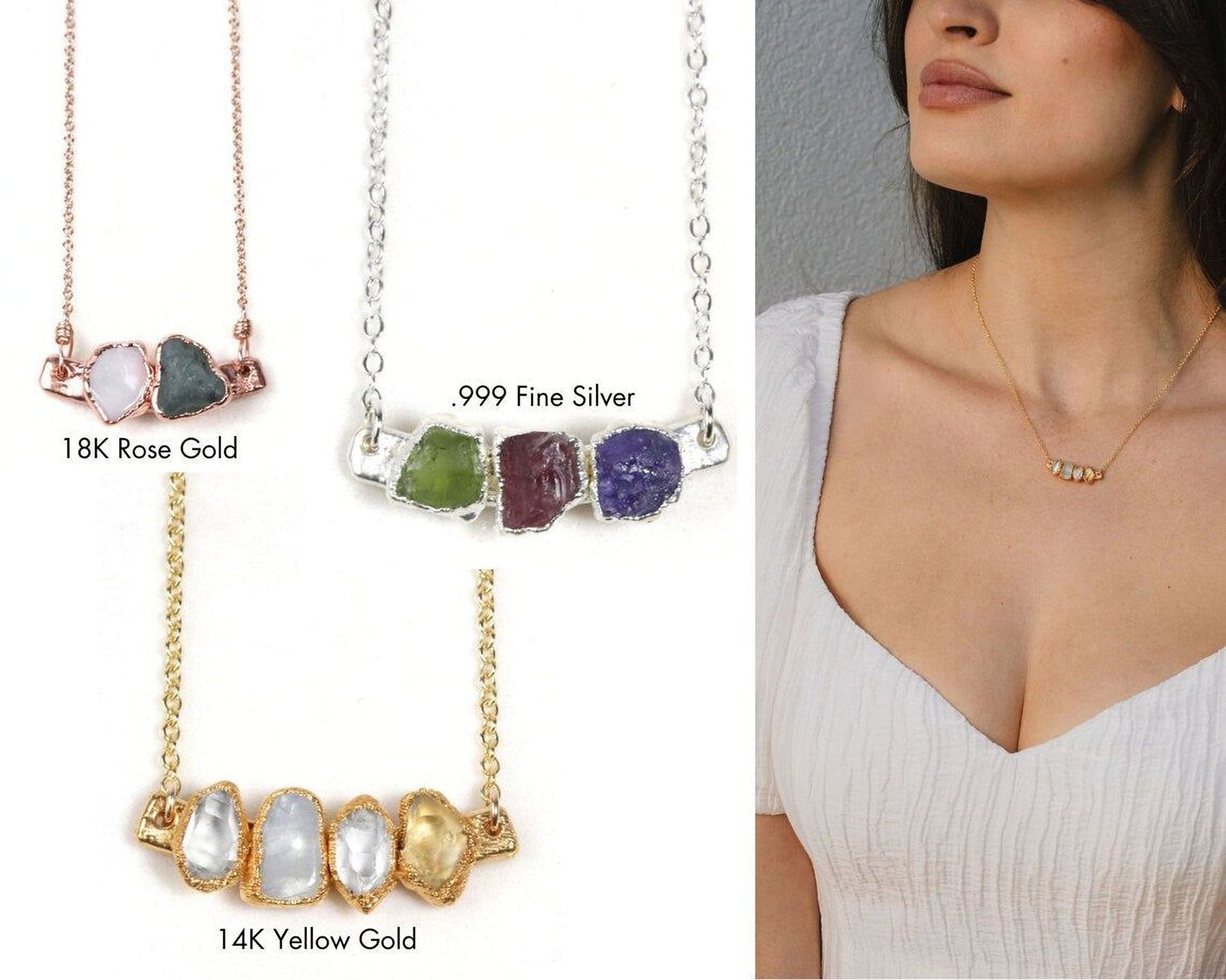 The image is a collage of three different necklaces, each with distinct gemstone designs and color schemes. The necklaces include 18K Rose Gold, 14K Yellow Gold, and Fine Silver. The image also features a close-up of a woman wearing a white top, showcasing the necklaces and the woman's outfit.