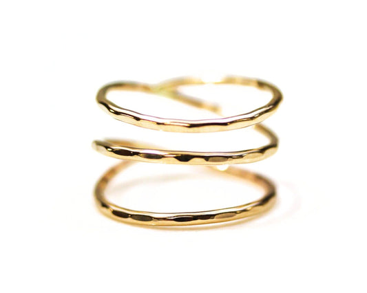A close-up image of a gold ring with three concentric rings.