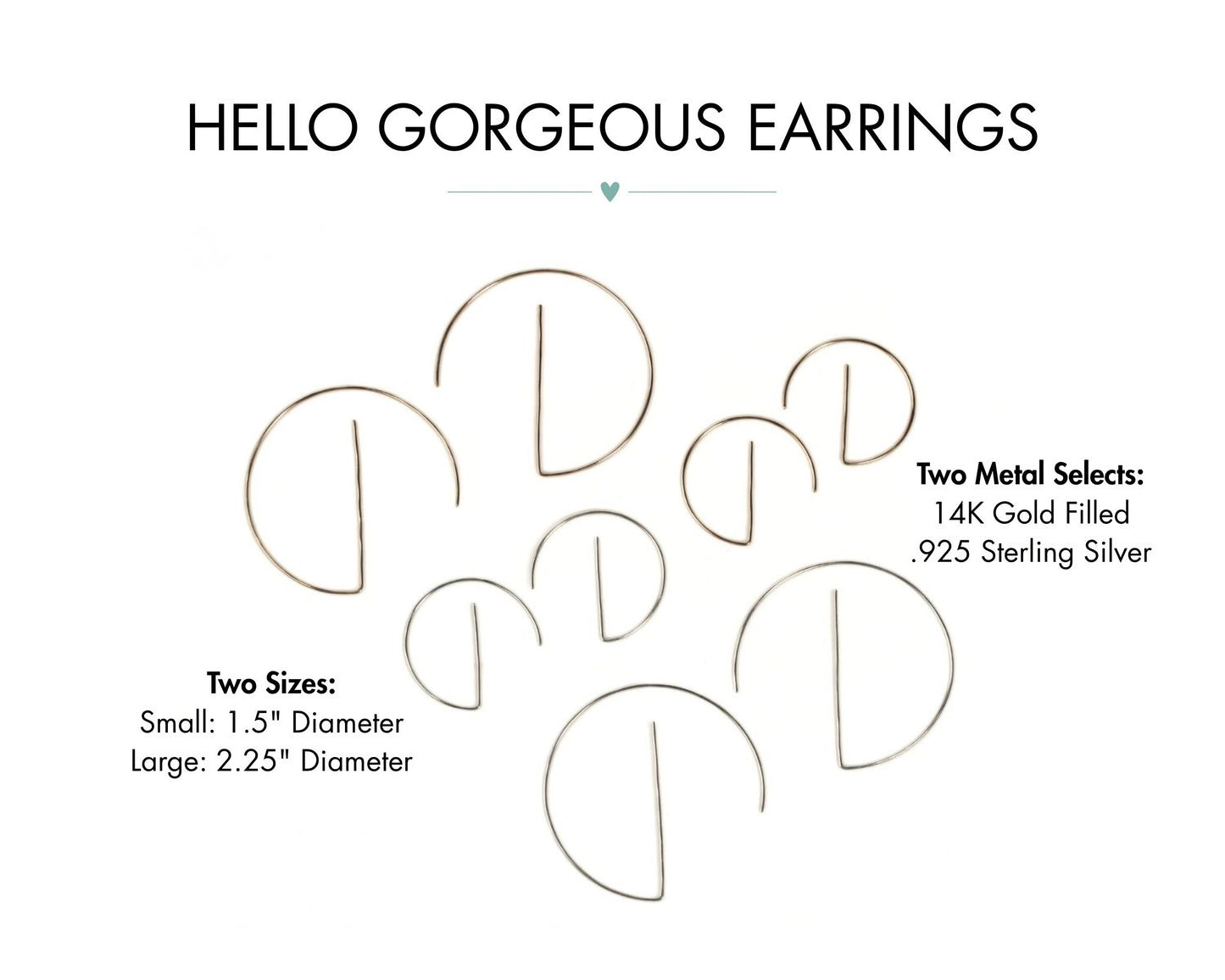 a collection of earrings in various sizes, including small, 1.5-inch and large, 2.25-inch sizes. The earrings are made of 14K gold filled and 925 sterling silver.