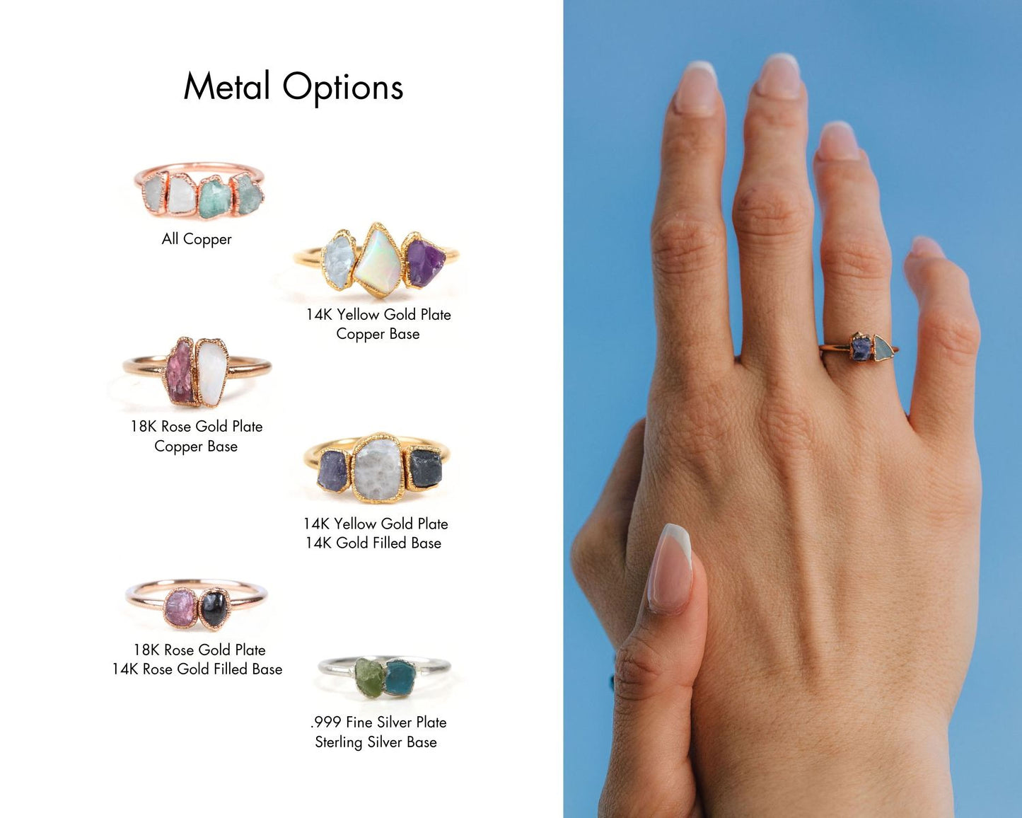 The image is a collage of six different rings, each with unique designs and materials, displayed alongside a close-up of a person's hand wearing one of the rings.