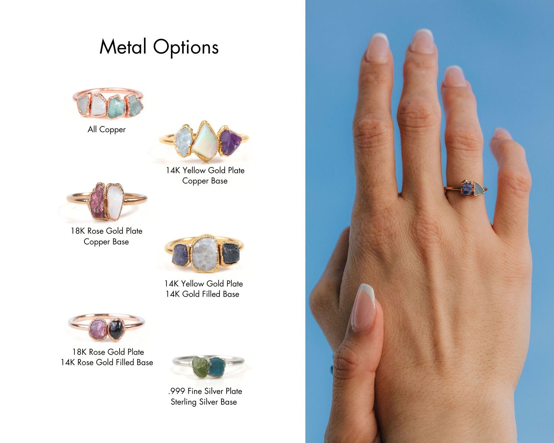 The image is a collage of six different rings, each with unique designs and materials, displayed alongside a close-up of a person's hand wearing one of the rings.