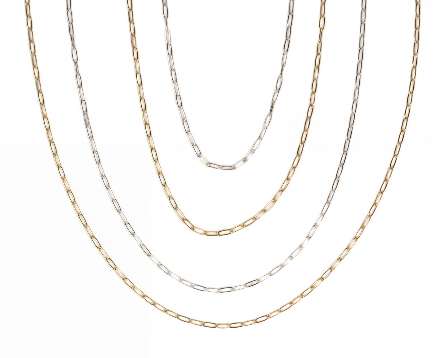 a collection of various chain necklaces, each with different colors and designs, arranged in a circular pattern.