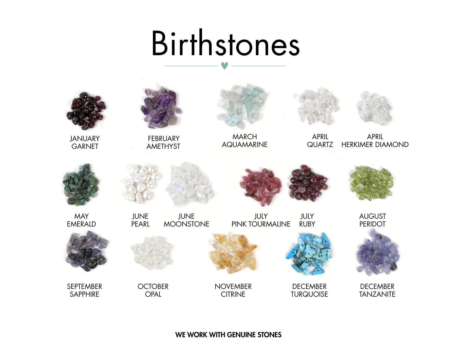 Image shows piles of the stones offered in the Birthstone Bar Earrings to show variations in both size of stone and color. Offered: garnet, amethyst, aquamarine, Herkimer diamond, emerald, moonstone, ruby, peridot, sapphire, opal, citrine, turquoise.
