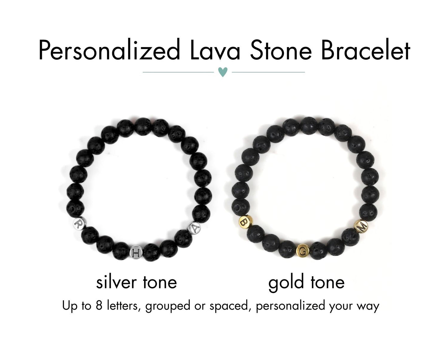 two personalized lava stone bracelets, one in a silver tone and the other in a gold tone. The bracelets are arranged side by side, allowing for a clear comparison of their colors and designs.