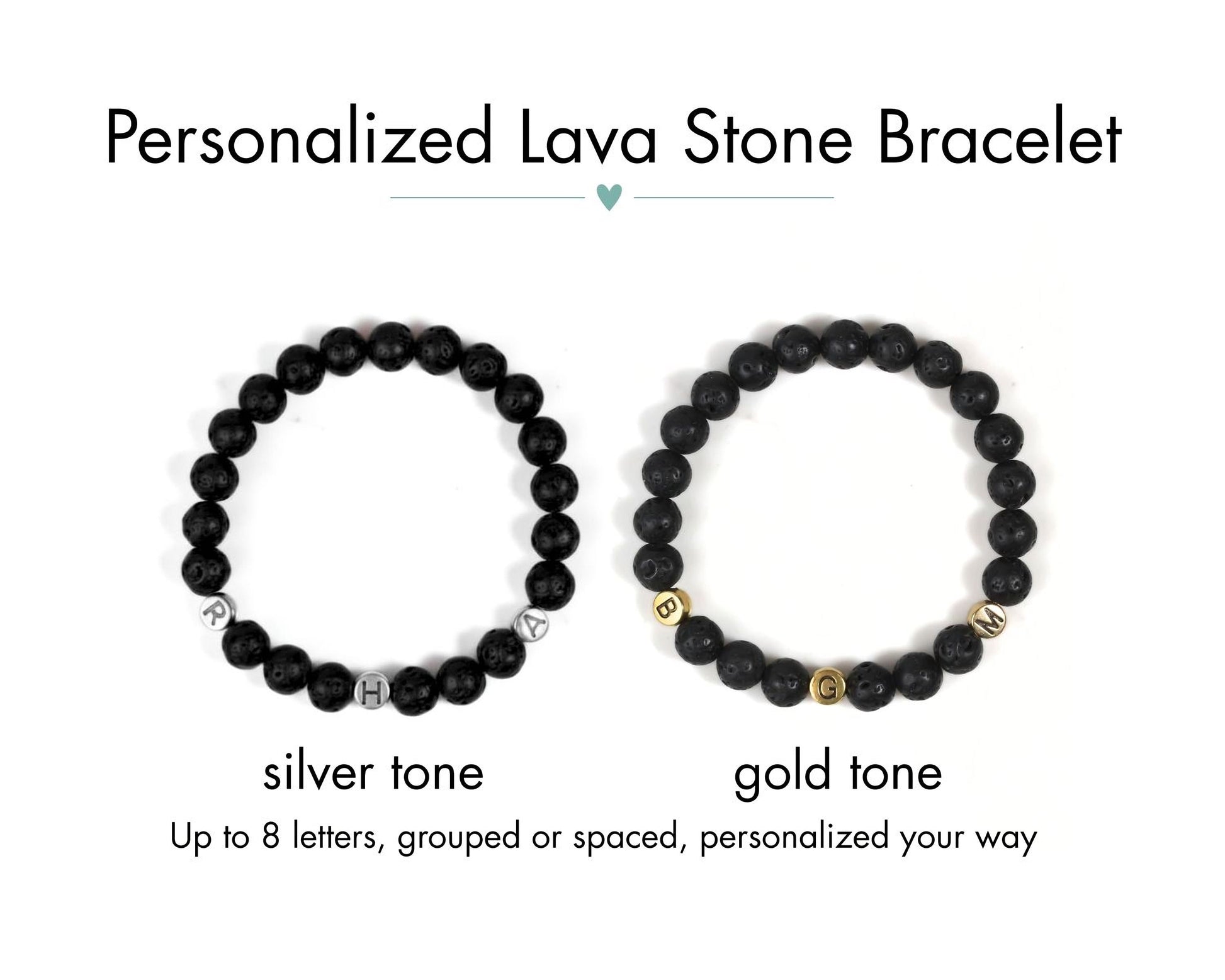 two personalized lava stone bracelets, one in a silver tone and the other in a gold tone. The bracelets are arranged side by side, allowing for a clear comparison of their colors and designs.