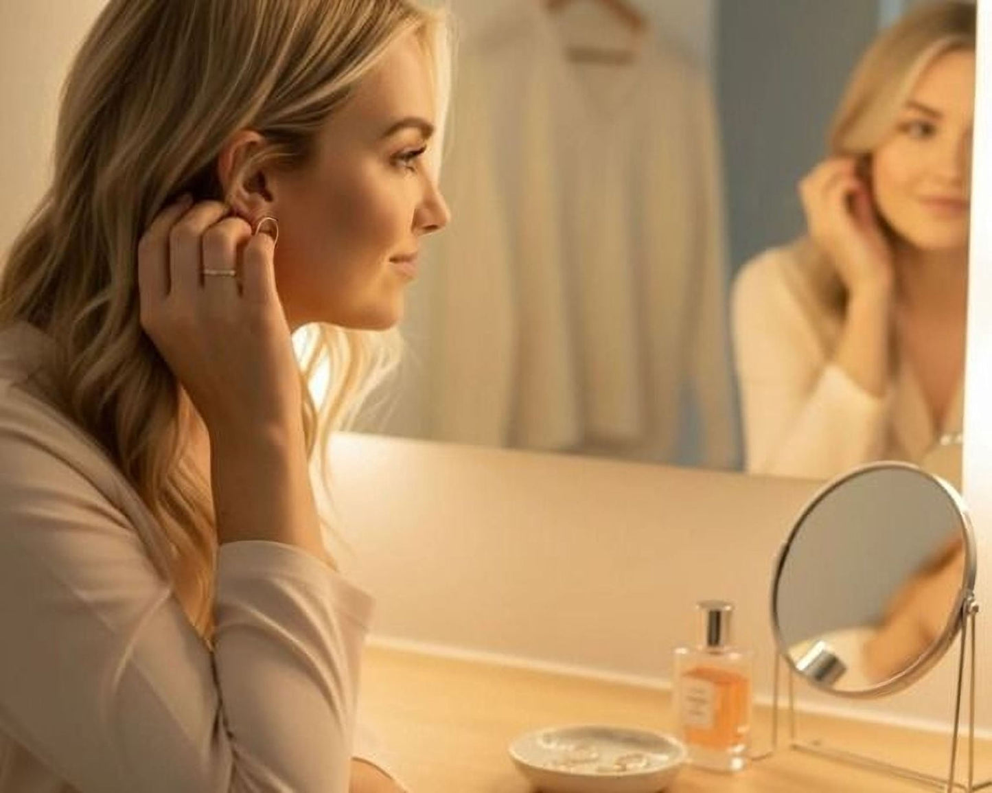 A woman with blonde hair is sitting at a vanity, looking at herself in a mirror while putting on an earring. The vanity has a mirror, a bottle of perfume, and a small bowl with jewelry on it.