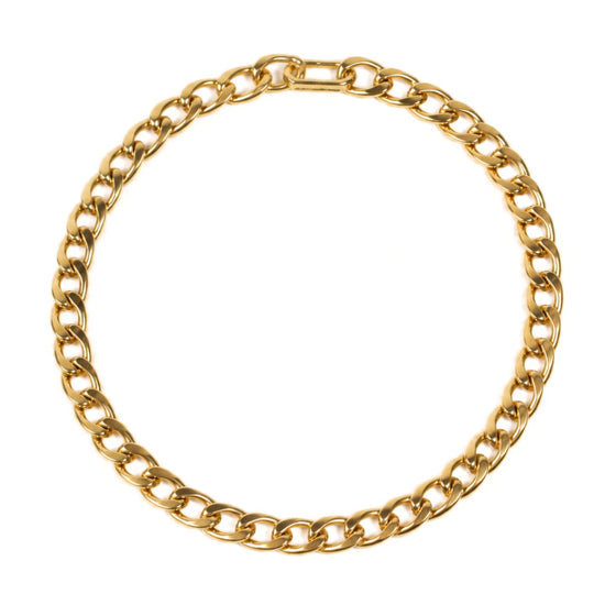 A gold chain necklace with a circular design.