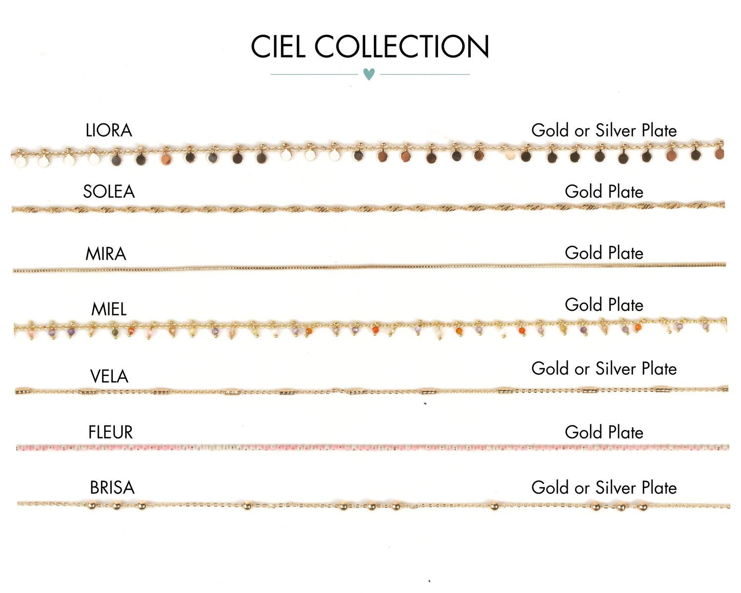 a collection of necklaces with different types of gold or silver plates, including Liora, Solea, Mira, Miel, Miel, Vela, Fleur, and Brisa.