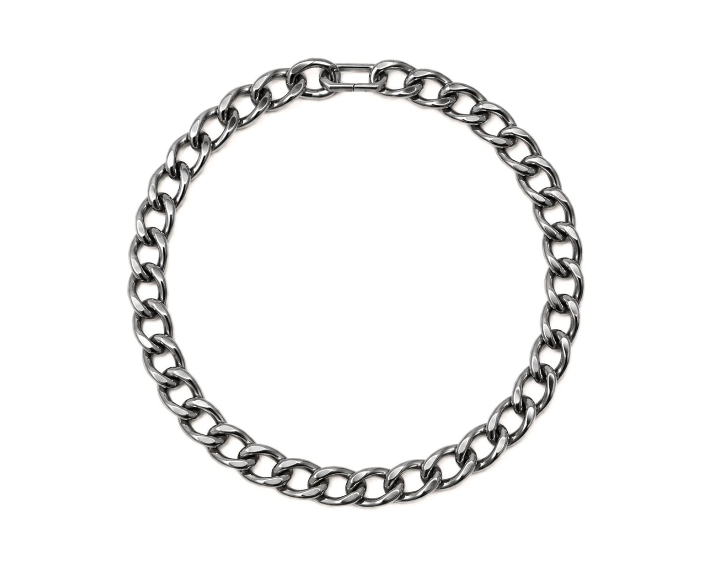 A silver-colored metal necklace with a circular chain design.