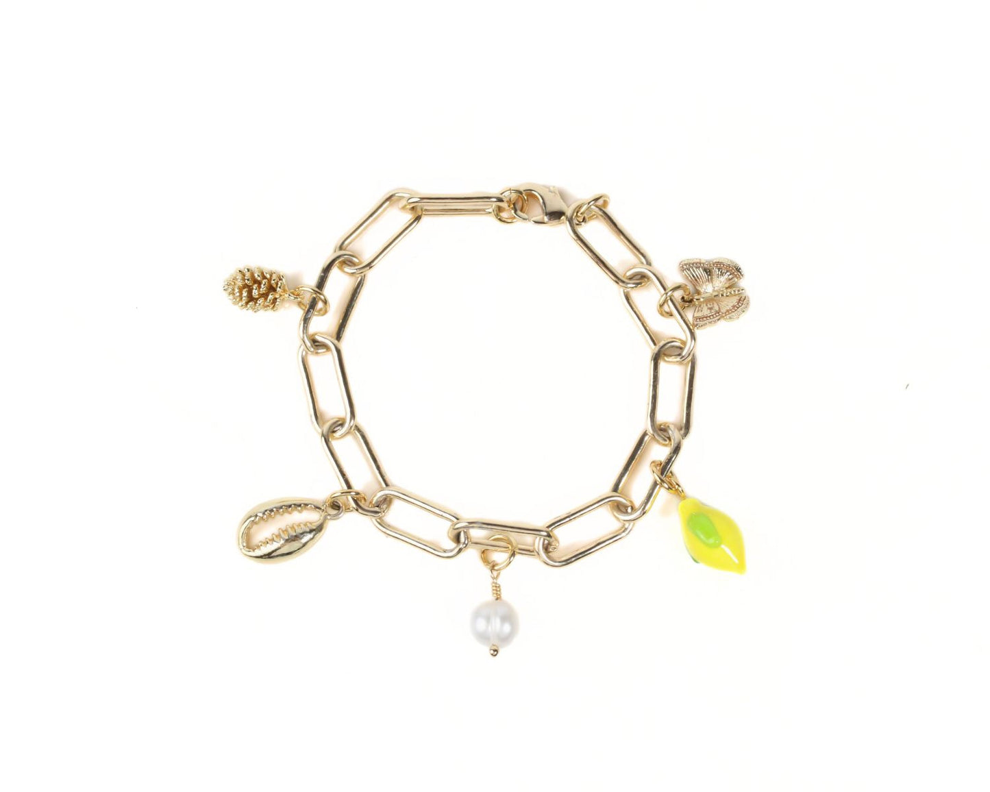 A gold-colored bracelet with various charms attached to it, including a pine cone, a pearl, and a yellow leaf-shaped charm.
