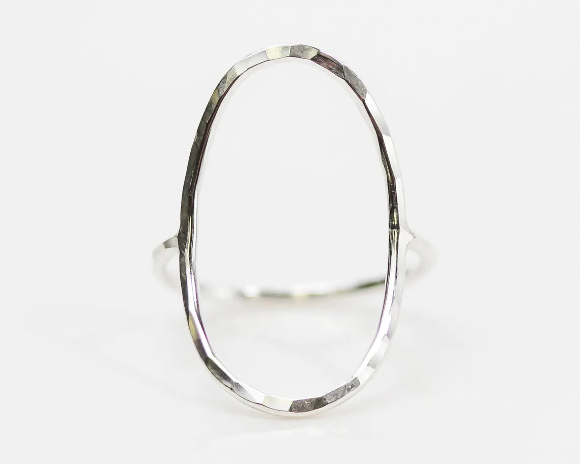 Ellipse Ring | Handmade Large Oval Ring | Unique Hammered Silver & 14K Gold Filled