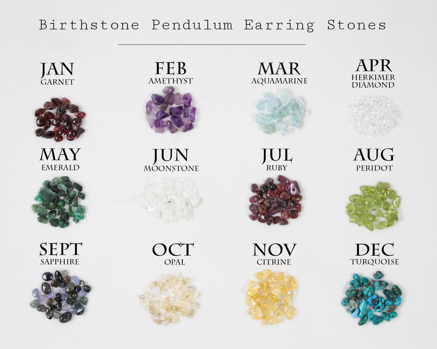 Image shows piles of the stones offered in the Birthstone Bar Earrings to show variations in both size of stone and color. Offered: garnet, amethyst, aquamarine, Herkimer diamond, emerald, moonstone, ruby, peridot, sapphire, opal, citrine, turquoise.